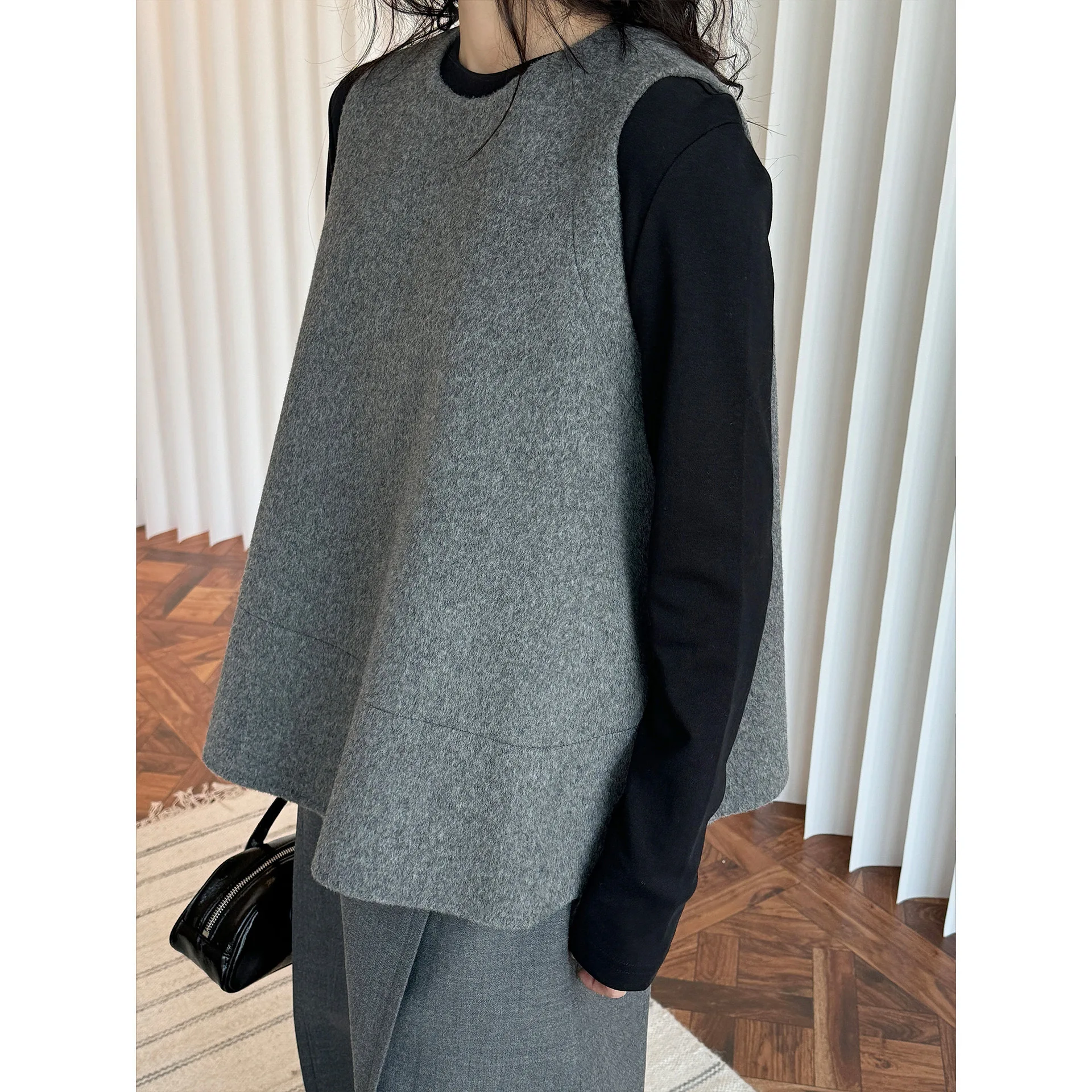 100% Wool Double Sided Vest Winter Layered Wool A-line Doll Slimming Top For Women