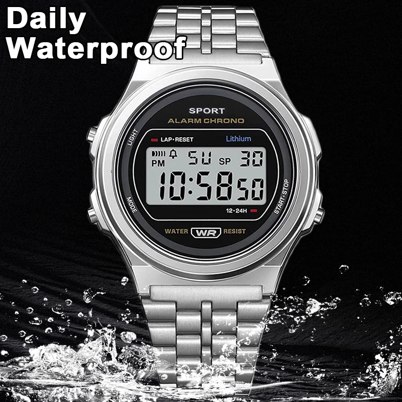 LED Stainless Steel Male Watch Luxury F91W Band Waterproof Digital Sport Military Round Watches Men Electronic Wristwatch Clock