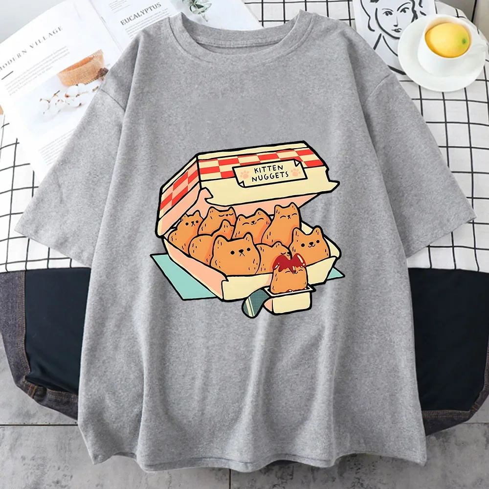 Kitten Nuggets Happy T Shirts WOMEN Kawaii/cute High Street Tshirts 100% Cotton T-shirts Cat Biscuits Dipping Sauce Short Sleeve