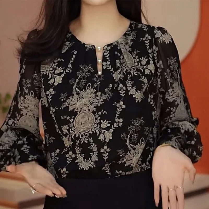 Camisa retrô Harajuku de cintura alta feminina, estilo coreano casual, chiffon, estampa sólida, botão, gola V, tops de manga comprida, verão, nova, 2022