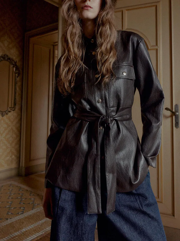 

Новинка зимы 2024, длинное длинное пальто из искусственной кожи с милым воротником-стойкой и поясом, женское длинное пальто на пуговицах для поездок на работу