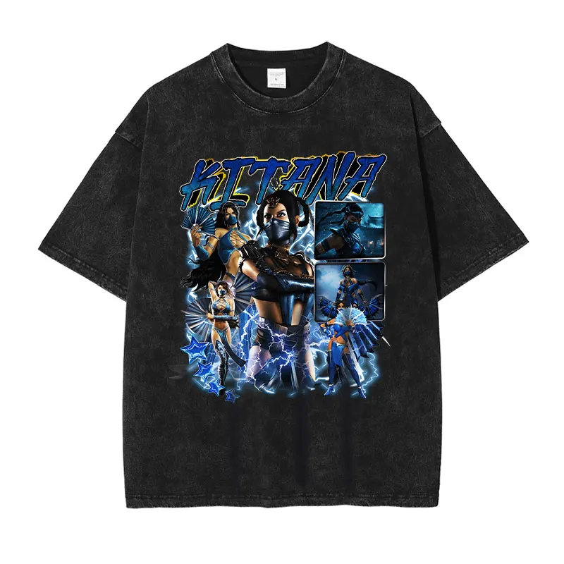 Mortal Kombat T Shirt Pc Fighting Games Scorpion Sub zero Vintage Washed Tops Tees Hip Hop Short Sleeve Oversized T-shirt Cotton