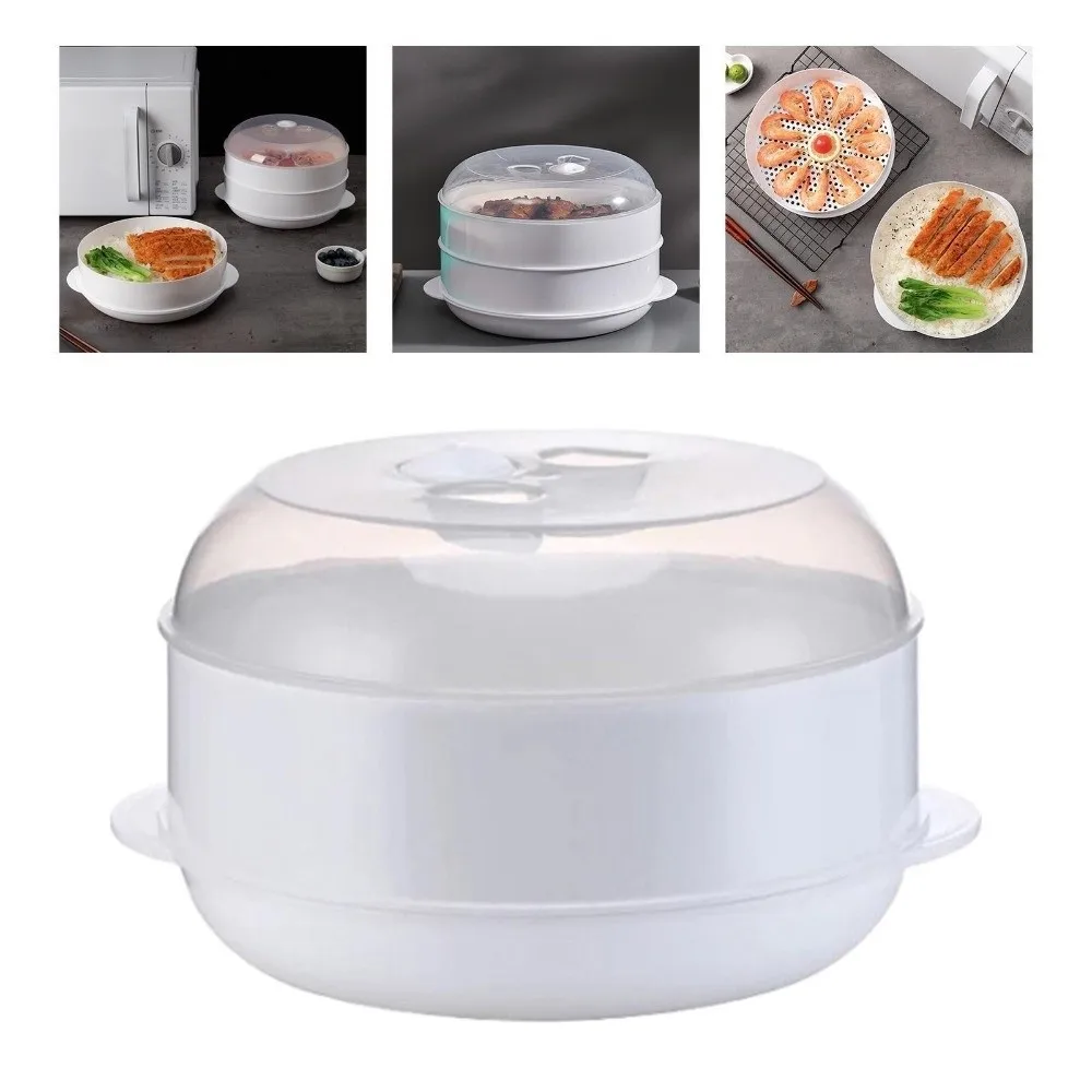 다층 전자레인지용 스티머 박스 플라스틱 뚜껑 및 트레이 포함 야채 도시락 박스 내열 다기능