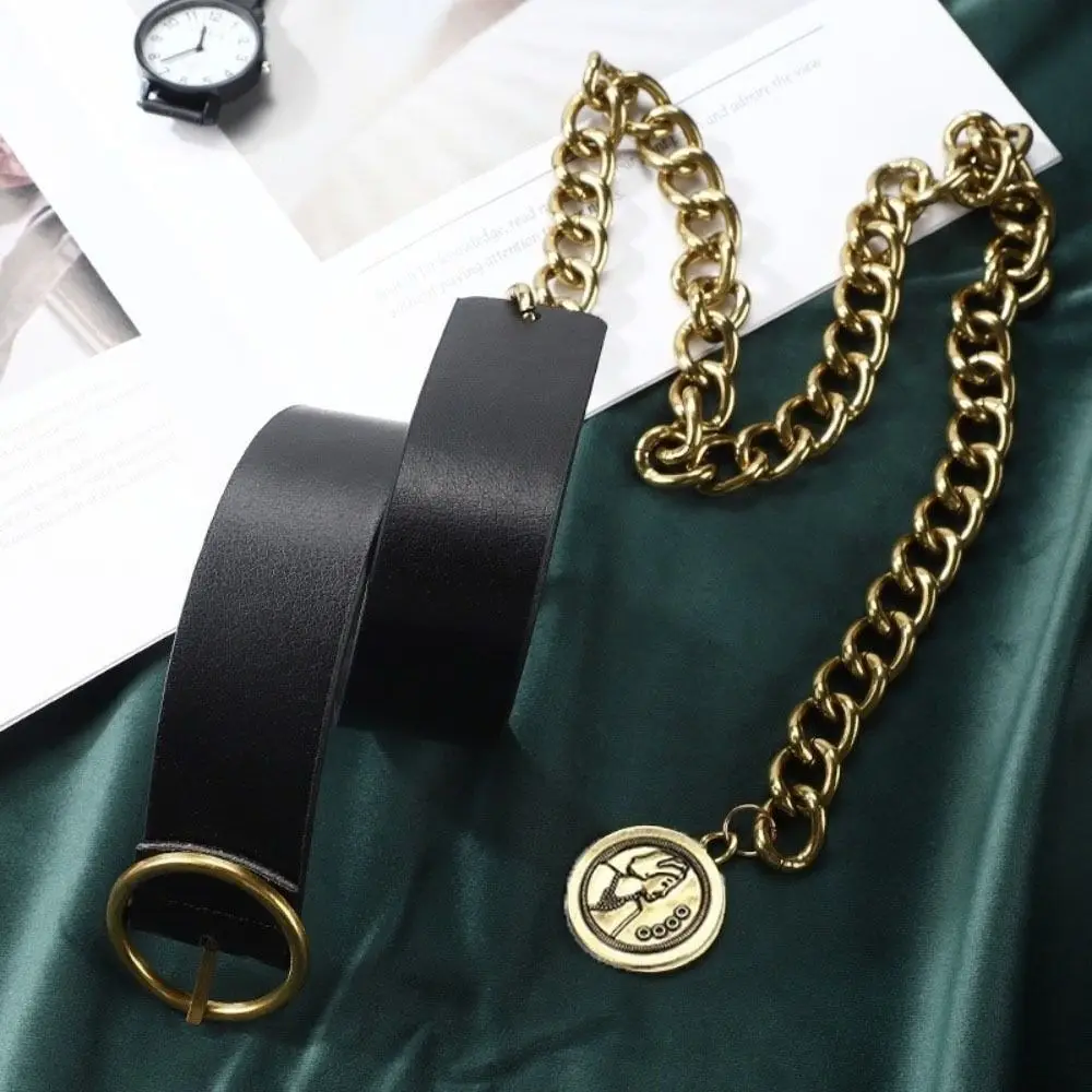 مشبك معدني بسيط من جلد البولي يوريثان، حزام نحيف من الجانب على الطراز الكوري، سلسلة خصر رفيعة، بدلة قابلة للتعديل، قميص سلسلة فستان مطابق