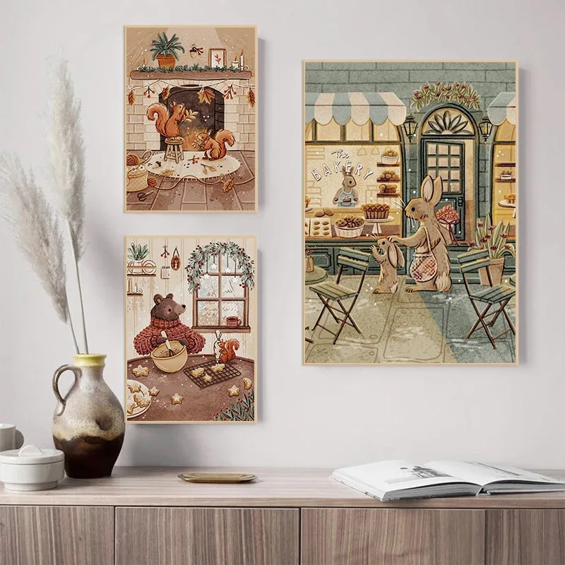 Bedtime Stories Illustrated Poster Cute  Woodland Animals Bunny Fox Mouse Canvas Painting Wall Art Nursery Kids Room Home Decor