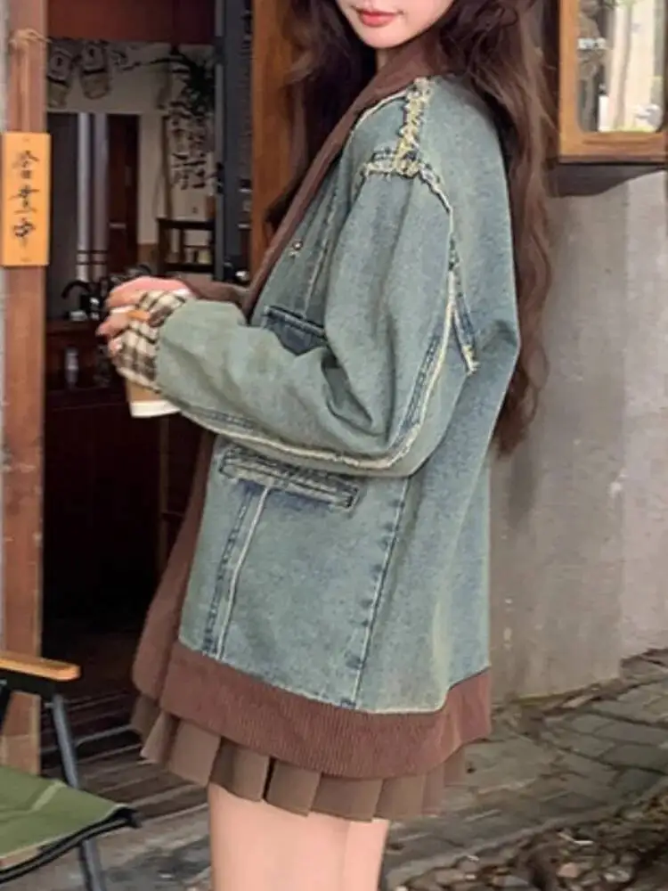 TLXT Moda Donna Elegante Giacca di jeans Velluto a coste marrone Risvolto Dettagli sfilacciati Giacca casual unica 2025 Autunno Nuovo XK1631