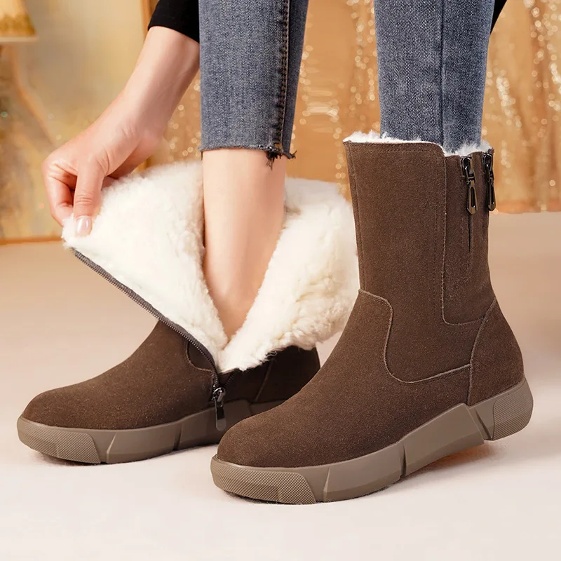 WDZKN Women Snow Boots Winter Classic Cow Suede Leather Round Toe Shearling Natural Wool Warm Flat Mid Calf Boots Big Size 41 42