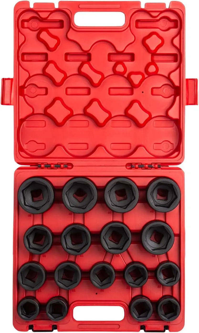 Socket Set, 17-Piece, Metric, 26mm-46mm, Cr-Mo Alloy Steel, Radius Corner Design, Dual Size Markings, Heavy Duty Storage Case