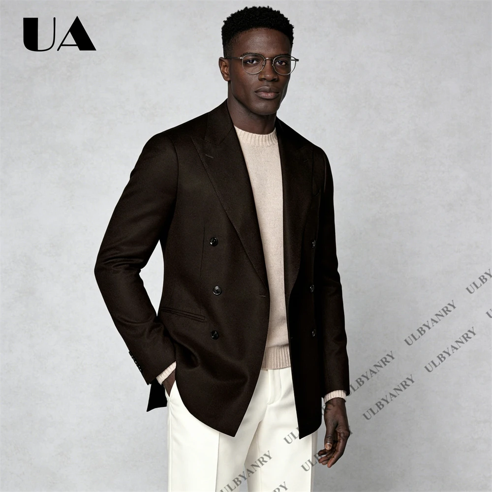 

ULBYANRY Customizable Men’s Double-Breasted Suit Set Tailored Brown Blazer & White Trousers Formal Wedding Groom Two-Piece Suit