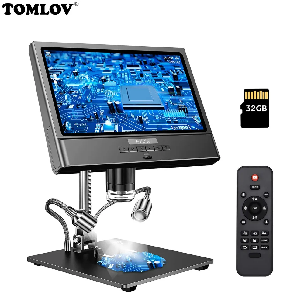 

TOMLOV 10'' Digital Microscope 1300X Soldering Microscope With Metal Stand 10 LED 12MP 32G 1080P Video Electronics Microscopio