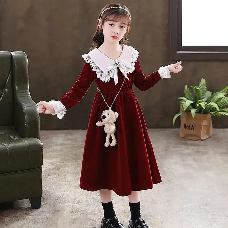 2024 teens Children Clothes spring Autumn Girls Christmas Dress Kids Long Sleeves wine red lace cuffs princess pearl 4 12 year