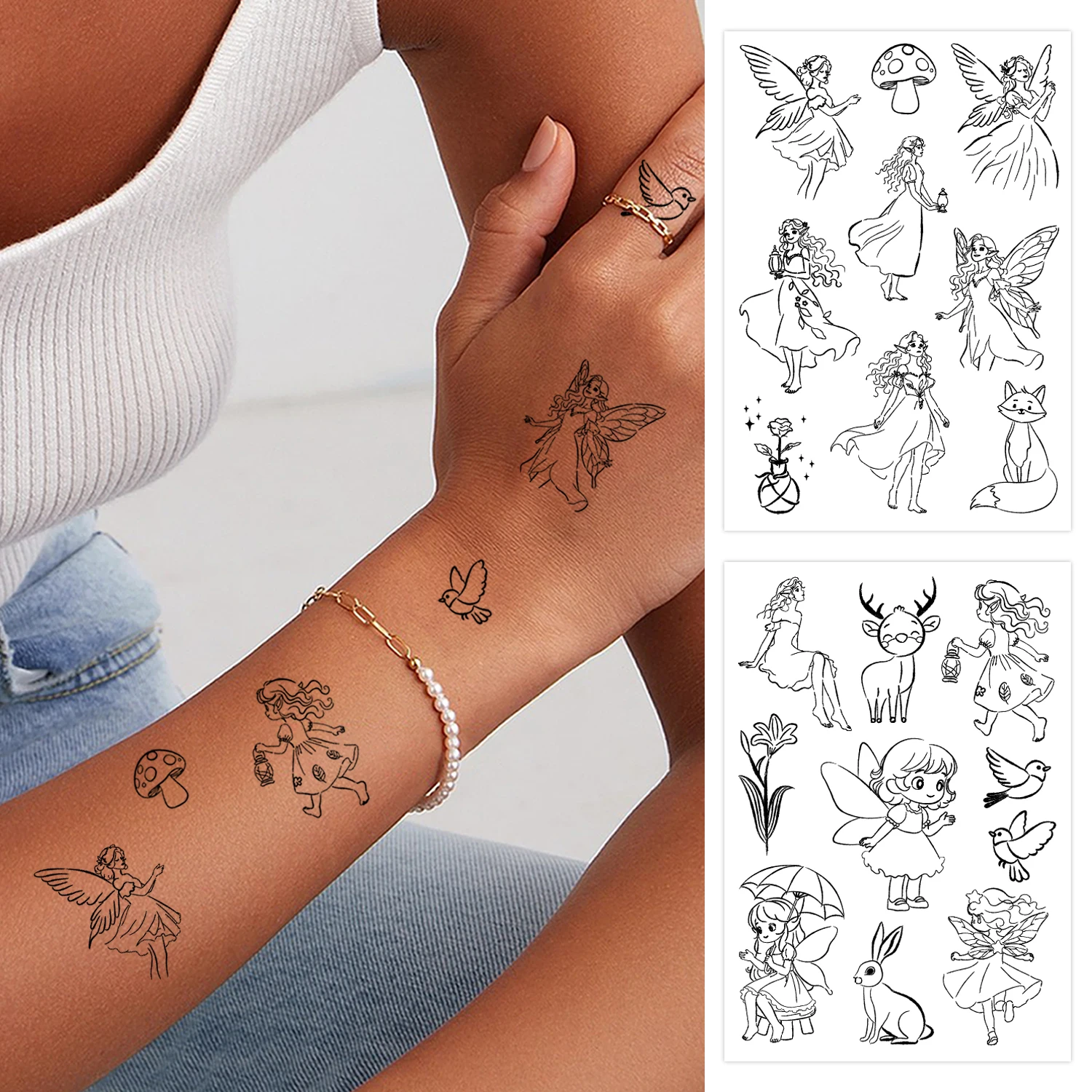 Semi-permanent tattoo, fairy temporary tattoo, forest fairy tale theme, waterproof and sweat-proof - lasting for 1-2 weeks