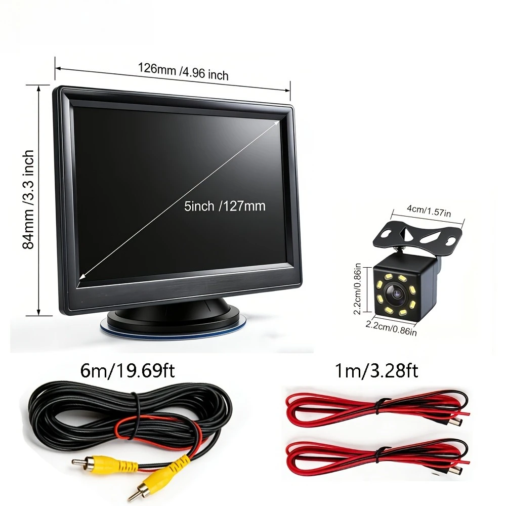 High-Definition Night Vision 8-LED Rearview Camera + 5-Inch In-Car Display Set, Reverse Priority Auto Switching, Universal
