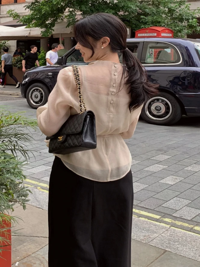 

Ele Long Sve irt Belted Waist Slim Fit Women's Two-Piece Set Korean Sle Loose Fit Lace Snowflake Print Thin Material