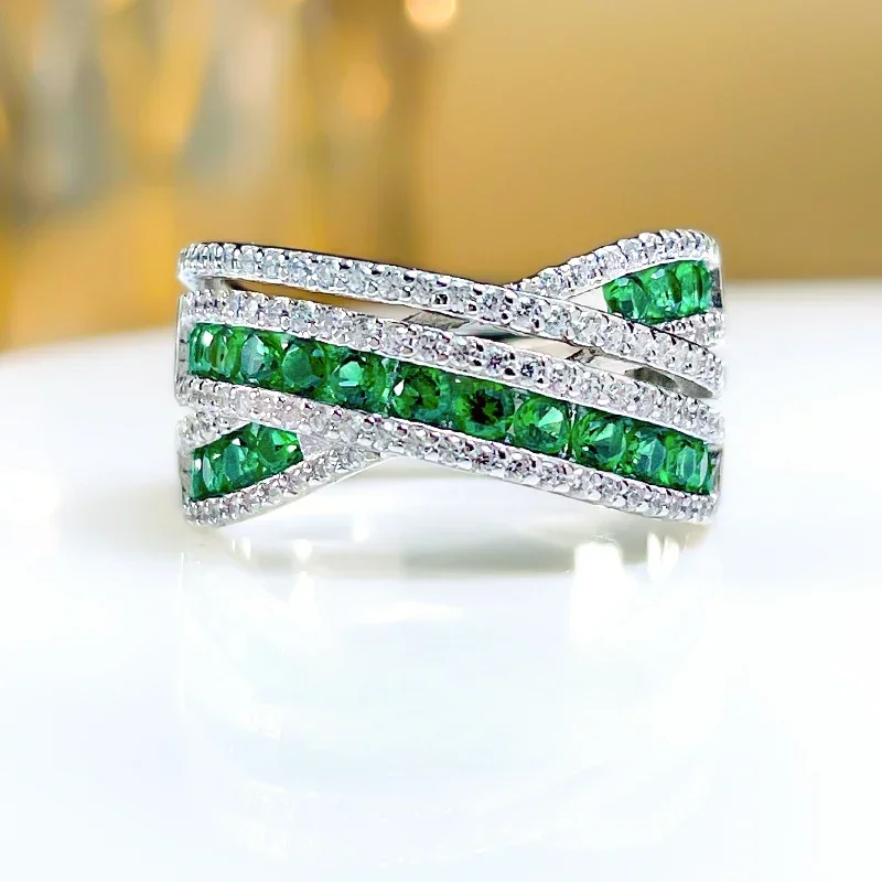 

100% 925 Sterling Silver Ring Women's Fashion Luxury Green Diamond High Carbon Diamond Temperament Wedding Jewelry Wholesale