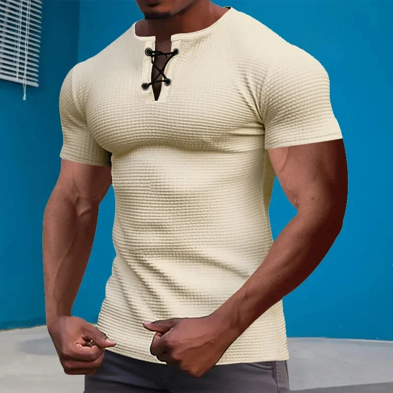 Summer men's lace-up Henry shirt solid color retro T-shirt Waffle casual loose men's short-sleeved T-shirt