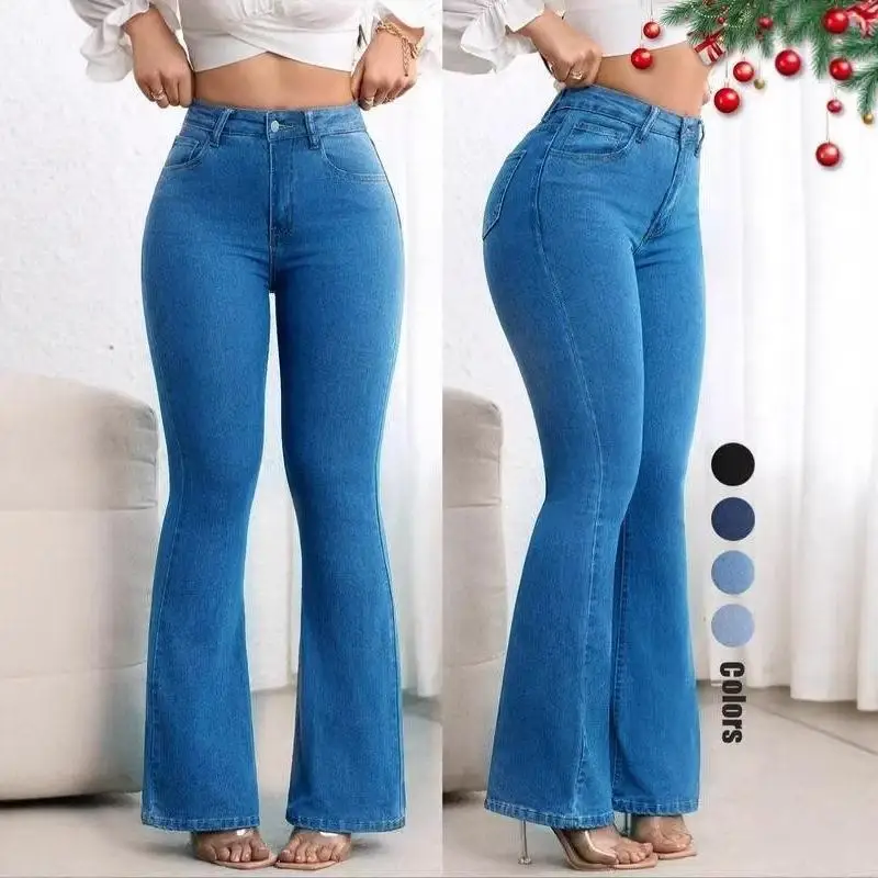 High Waisted Flared Jeans Women's Elastic Waist Micro Cotton Denim Elegant Style Washed Black Natural Waist Summer 2026