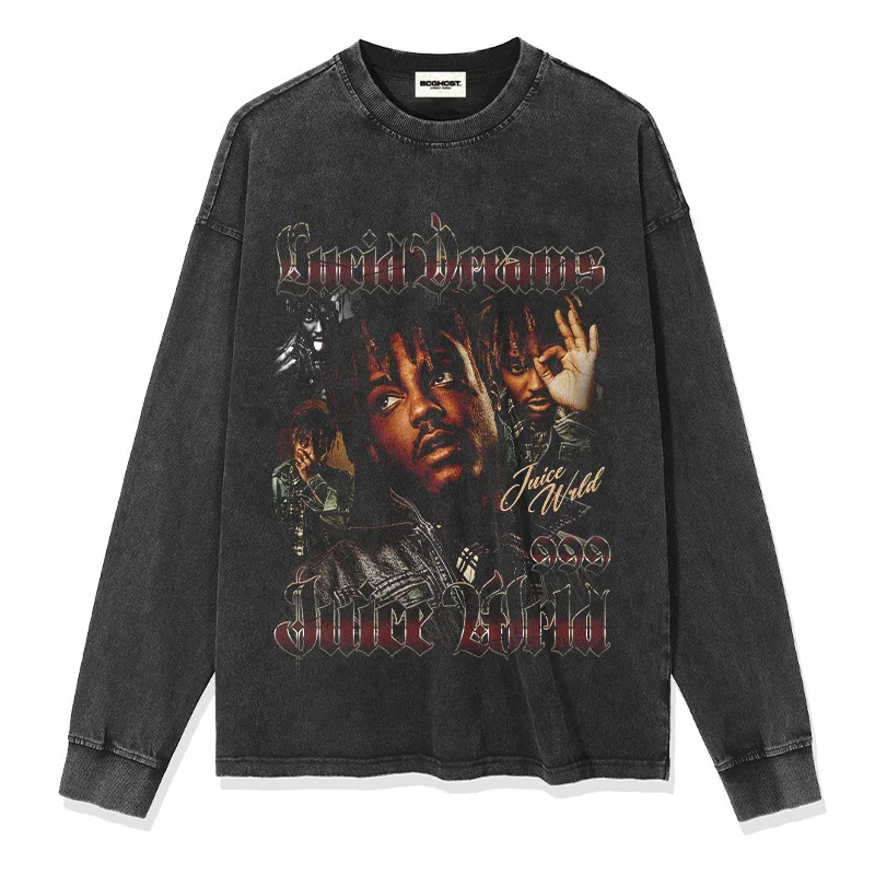 تي شيرت ريترو ثقيل الوزن ملابس الشارع الشهير 220 جرام عصير Wrld الهيب هوب طباعة عصرية قصيرة الأكمام نمط المدرسة القديمة مزيج البوليستر #4