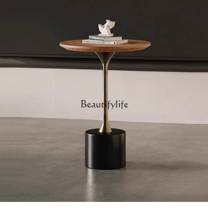 

Italian Style Walnut Round Side Table Wabi-Sabi Style Living Room Light Luxury Sofa Natural Marble Corner Table