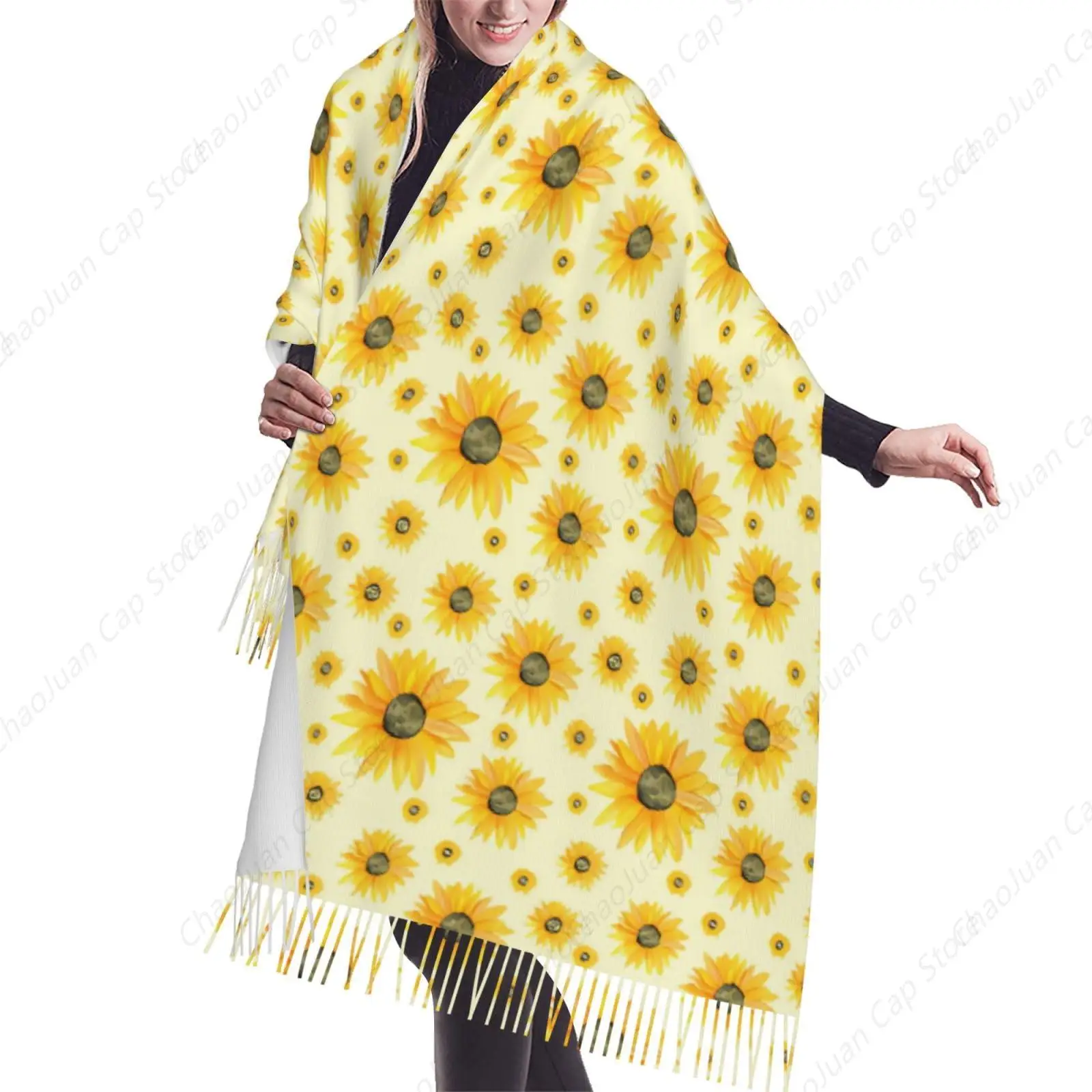 

Кашемировый шарф с бахромой и акварельными подсолнухами с цветочным узором, осенние и зимние шелковые шарфы-пончо, шаль, аксессуар для одежды