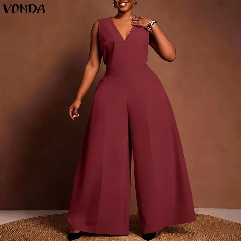 VONDA Summer Women Plus Size Jumpsuits Sleeveless Long Jumpsuits Wide Leg Pants V Neck Party Playsuits Elegant OL Work Overalls