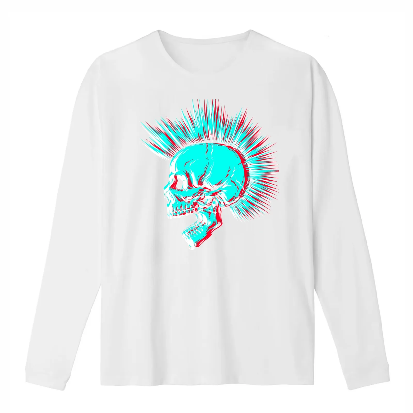 Glitch Punk Skull with Mohawk T-Shirt Summer Casual Cotton Tee Oversized Streetwear Tops Vintage Graphic Print 100% Cotton