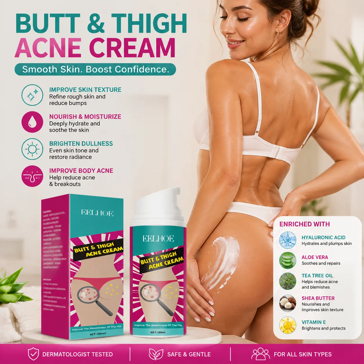 EELHOE 100ml Butt Acne Clearing Spot Treatment Cream Remove Pimples Moisturizing Skin Brighten Smooth Thigh Acne Removal Cream