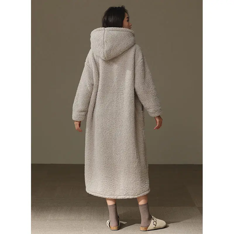 Long Style Gentleman Night Gown Bathrobe Dressing Gown Soft Plush Couple Pajamas Female Autumn and Winter Coral Fleece Hooded