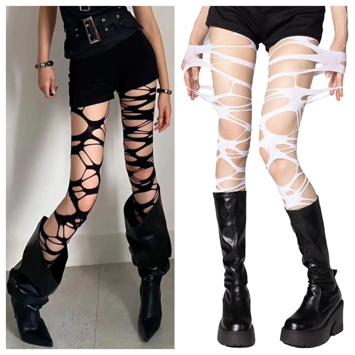 Stockings Tights Women S Spider Web Ripped Gothic Lolita Punk Y2k High Waist for Cosplay Stage Performance