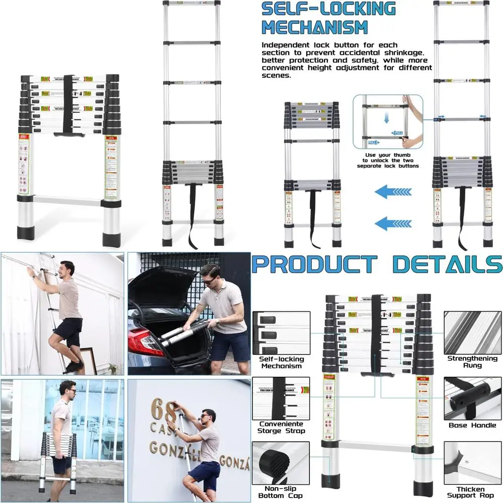 سلم تصغير من الألومنيوم عالي التحمل بطول 8.5 قدم، أقدام غير قابلة للانزلاق، سعة 330 رطل للمركبات الترفيهية والعثية والوصول إلى السقف والاستخدامات المتعددة