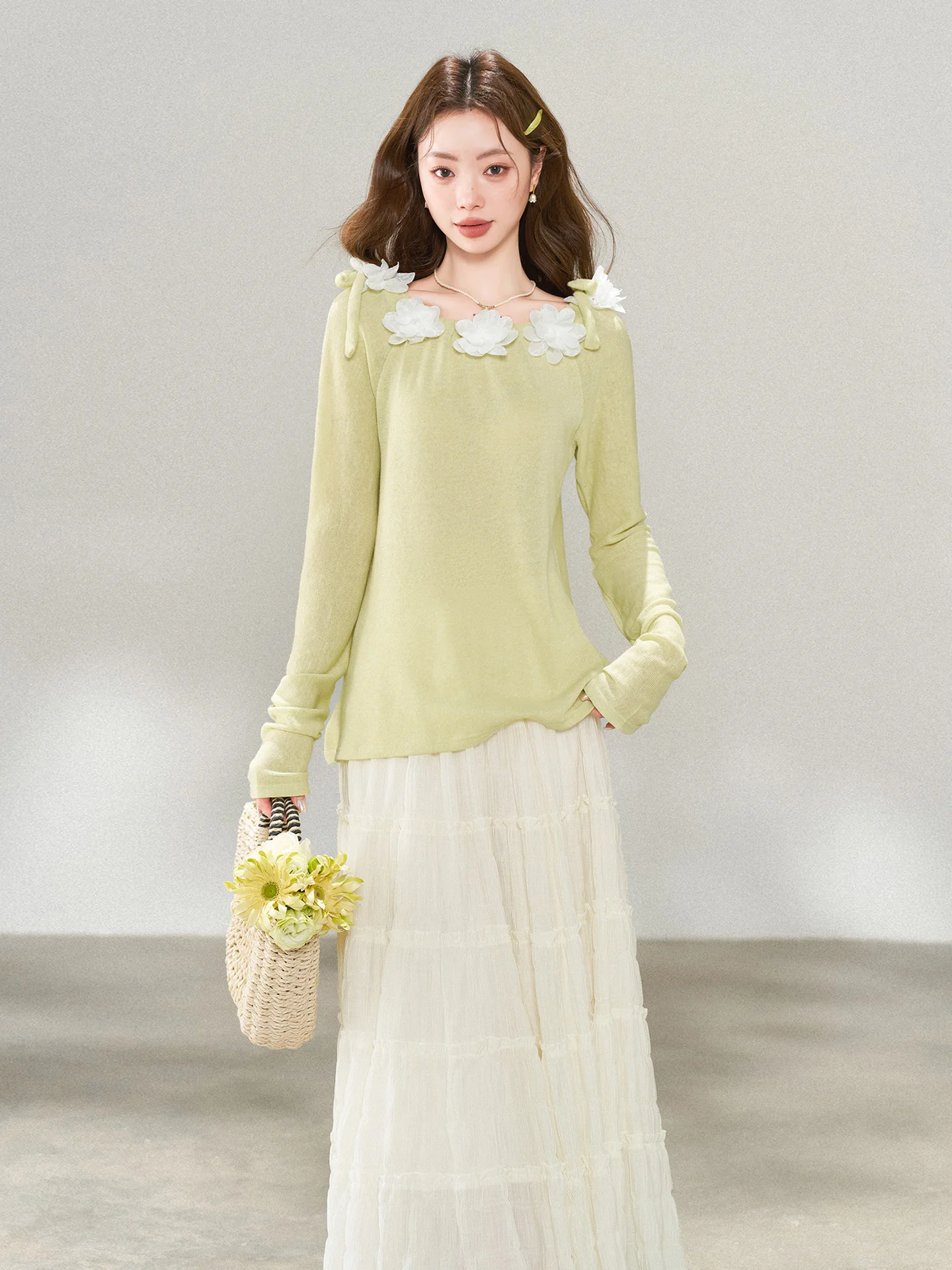 

Korean Sle Floral Print Top And Skirt Set Women's Faion Spring Autumn 2026 New Arrival Tee Dimensional Flower Design