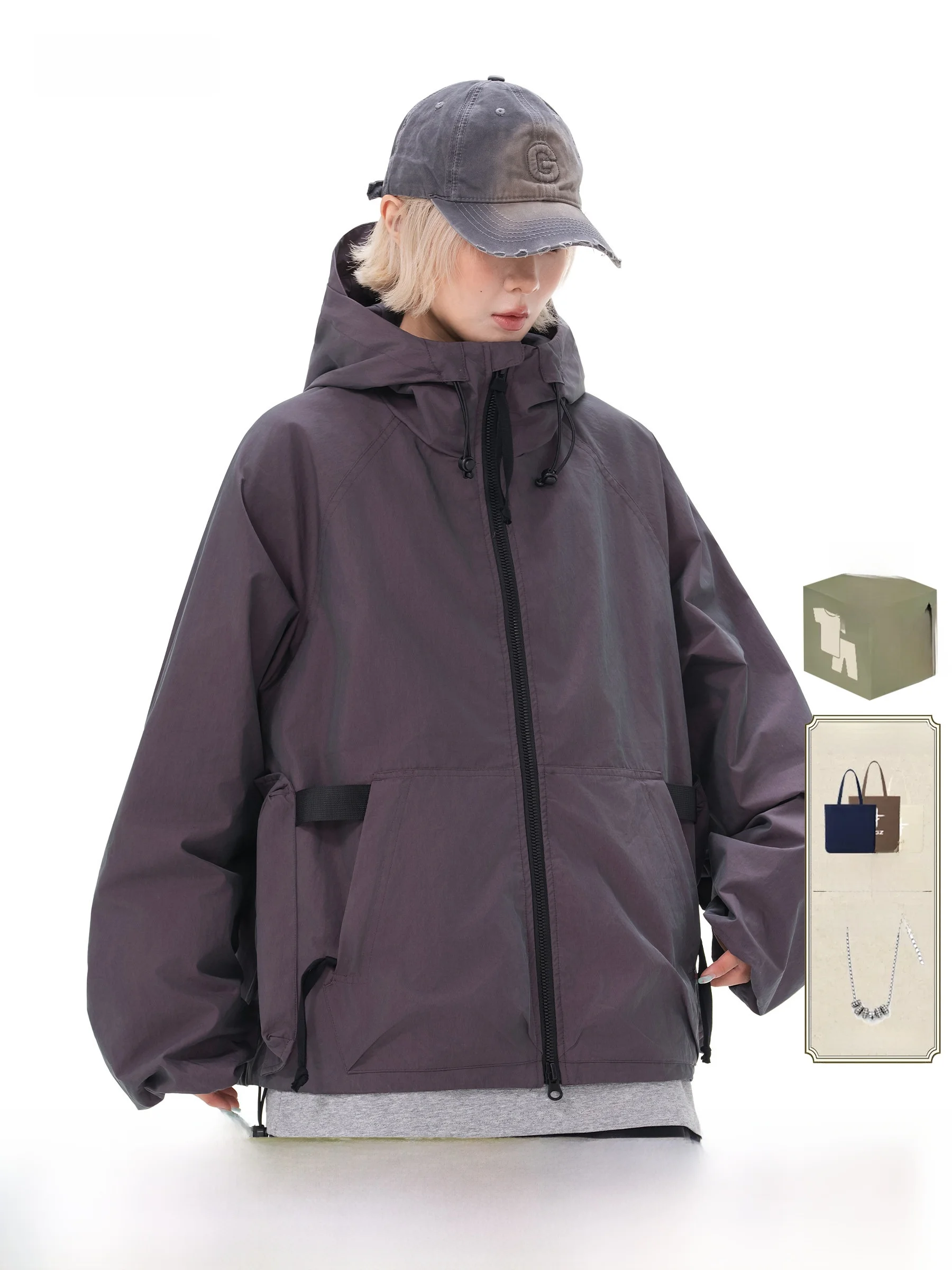 AOGZ Functional Hooded Jacket Loose Outdoor Sports Coat New Arrival Single Piece Youth Trend Cotton Blend Fabric Drawstring Hem