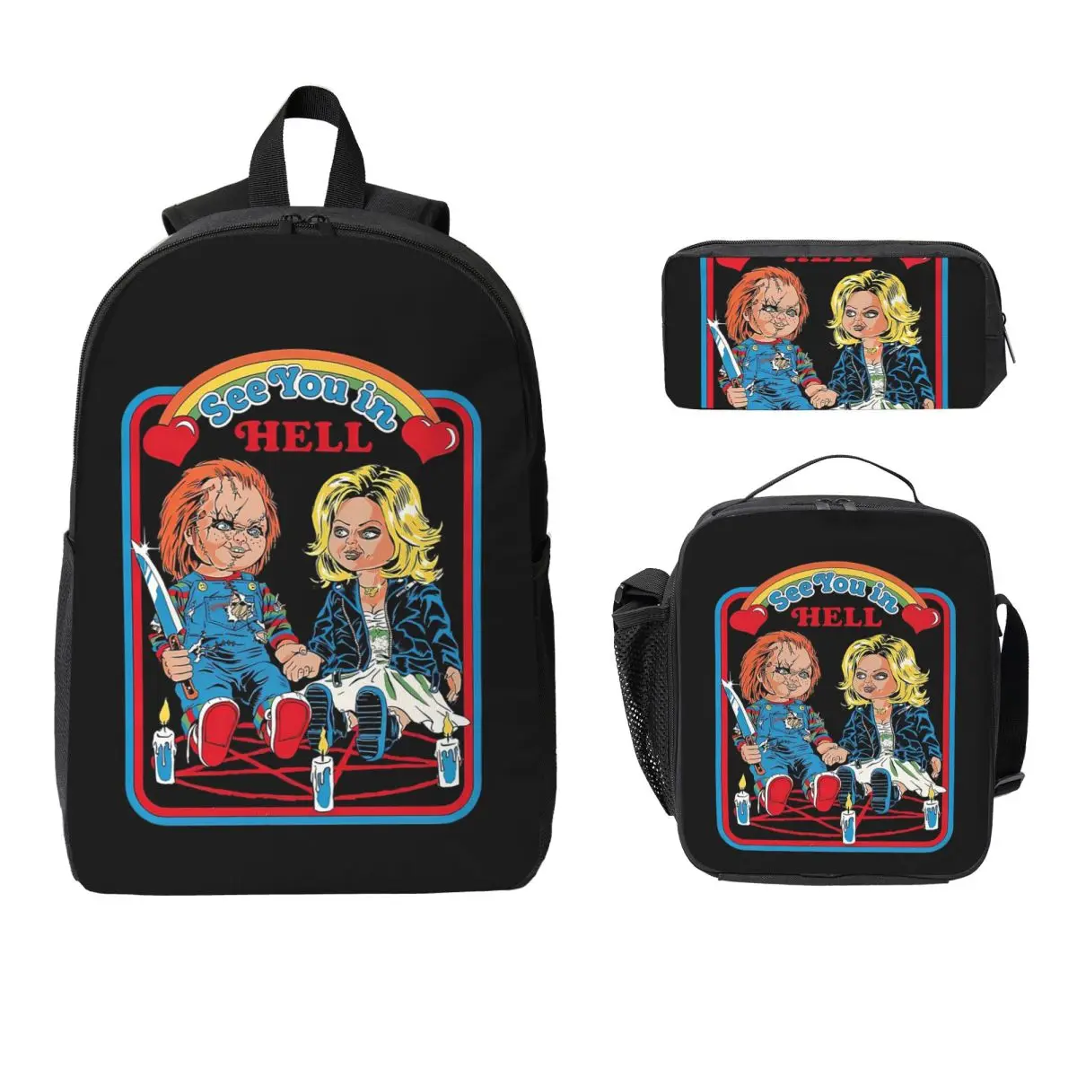 

Childs Horror Slasher Film Chucky Backpack Student Boy Girl BookBag School Bag Shoulder Bags 3ps Insulated Lunch Bag Pencil Case