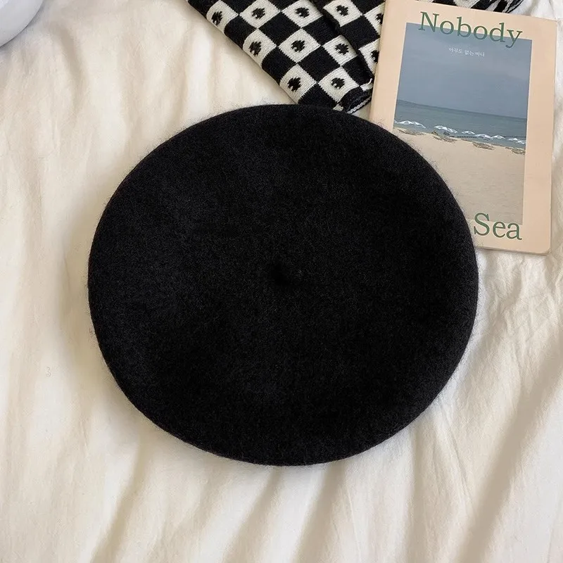 Wool Beret Female Retro Big Head Bib Black Painter Autumn And Winter Wool Wool Wool Wool Hat Bud Cap