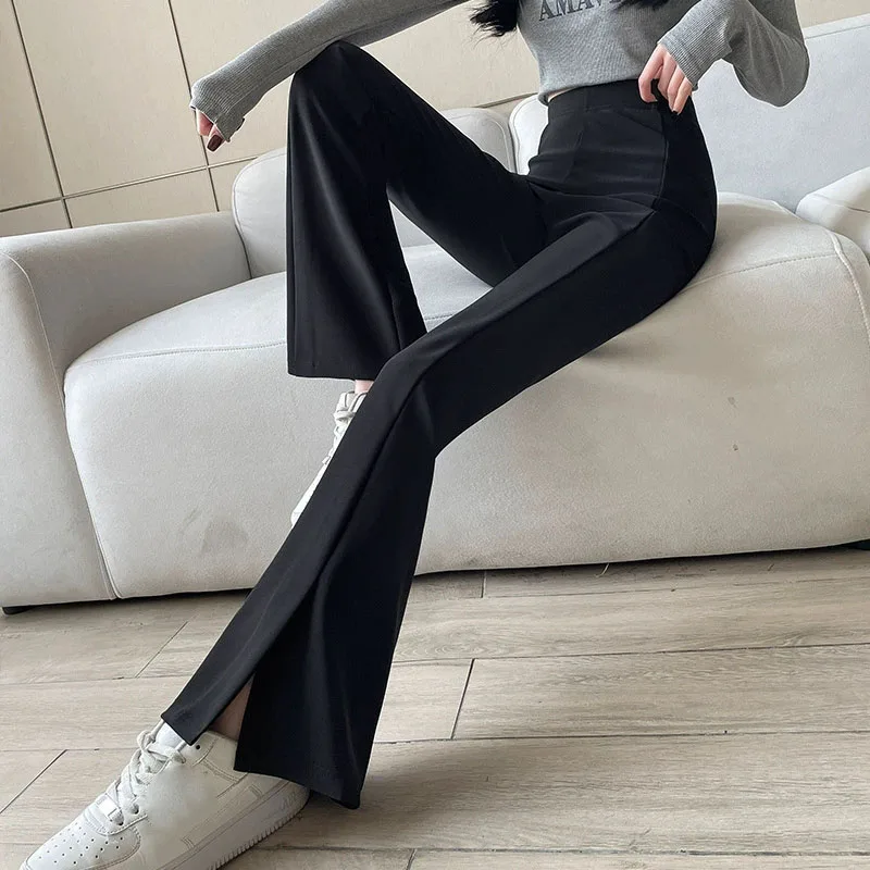 

Women's Fashion Front Split Flares Pants Korean Slim Elastic Black Wide Leg Trousers Ladies Streetwear High Waist Casual Pants
