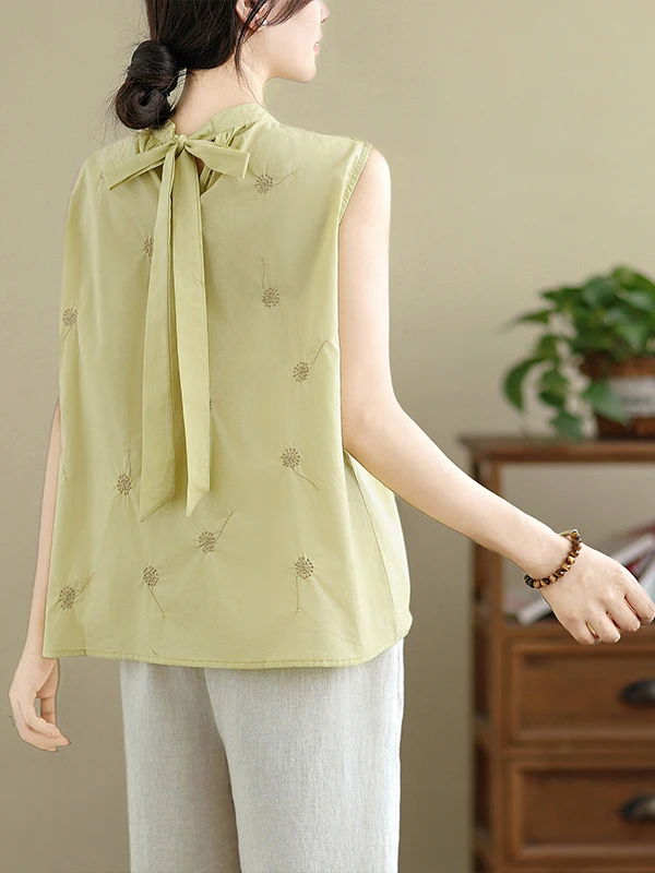 

Льняной жилет с вышивкой спереди Ba, двусторонняя одежда, повседневный свободный крой, летний топ с воротником-стойкой и узлом