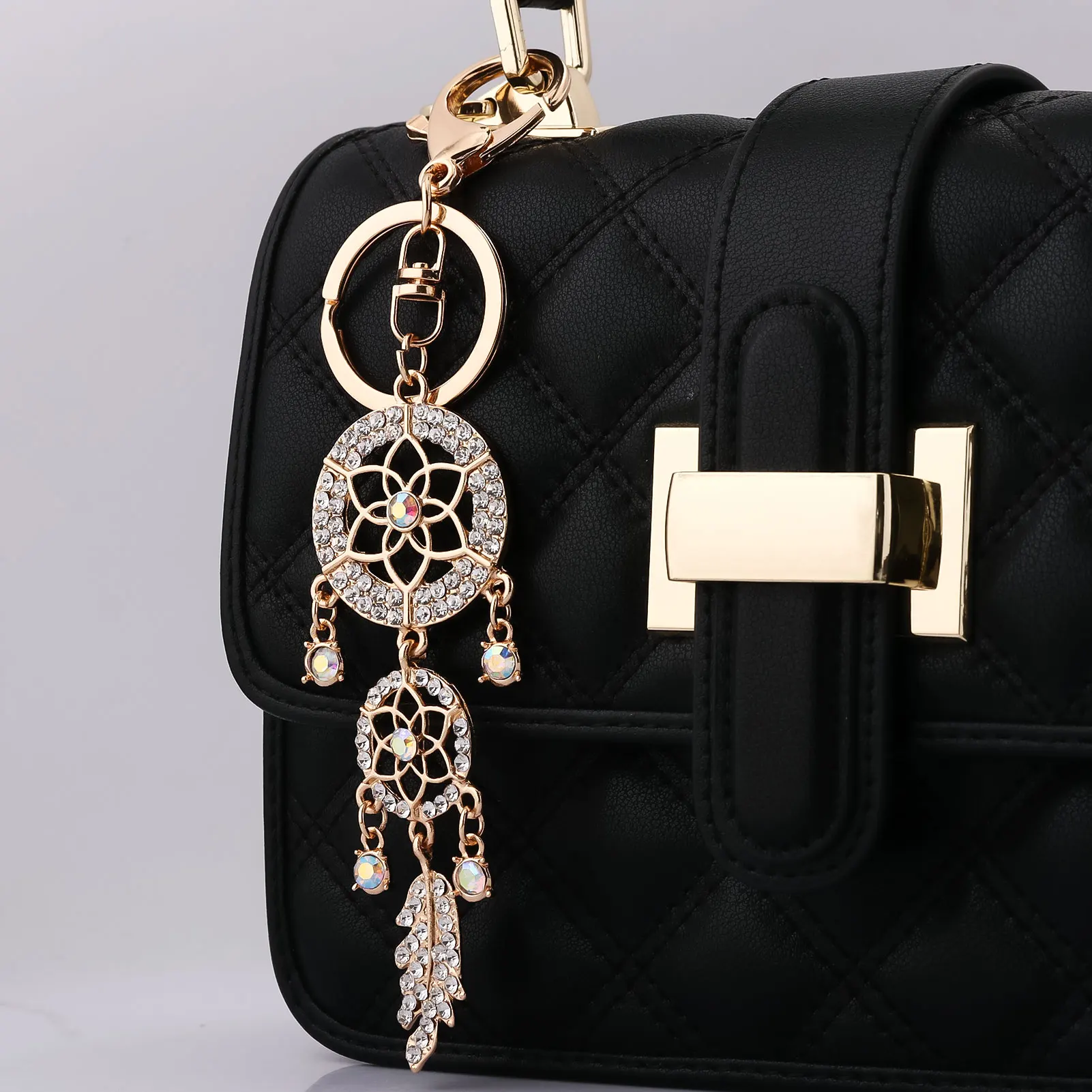 Shining Crystal Pearl Feather Dream Catcher Car Ornament Elegant Hollow Metal W/ Sparkling Crystals Perfect Gift for Women