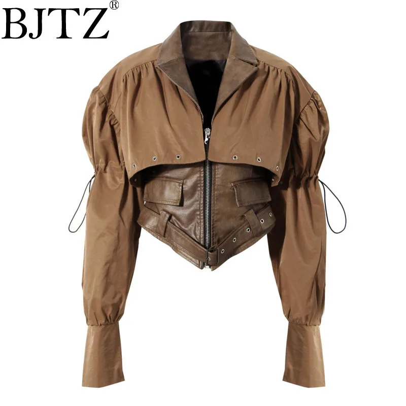 

BJTZ Niche Design Sense Of Irregular Two-piece Jacket 2025 Spring New Shawl Splicing PU Handsome Waist Lace-up Top For Women