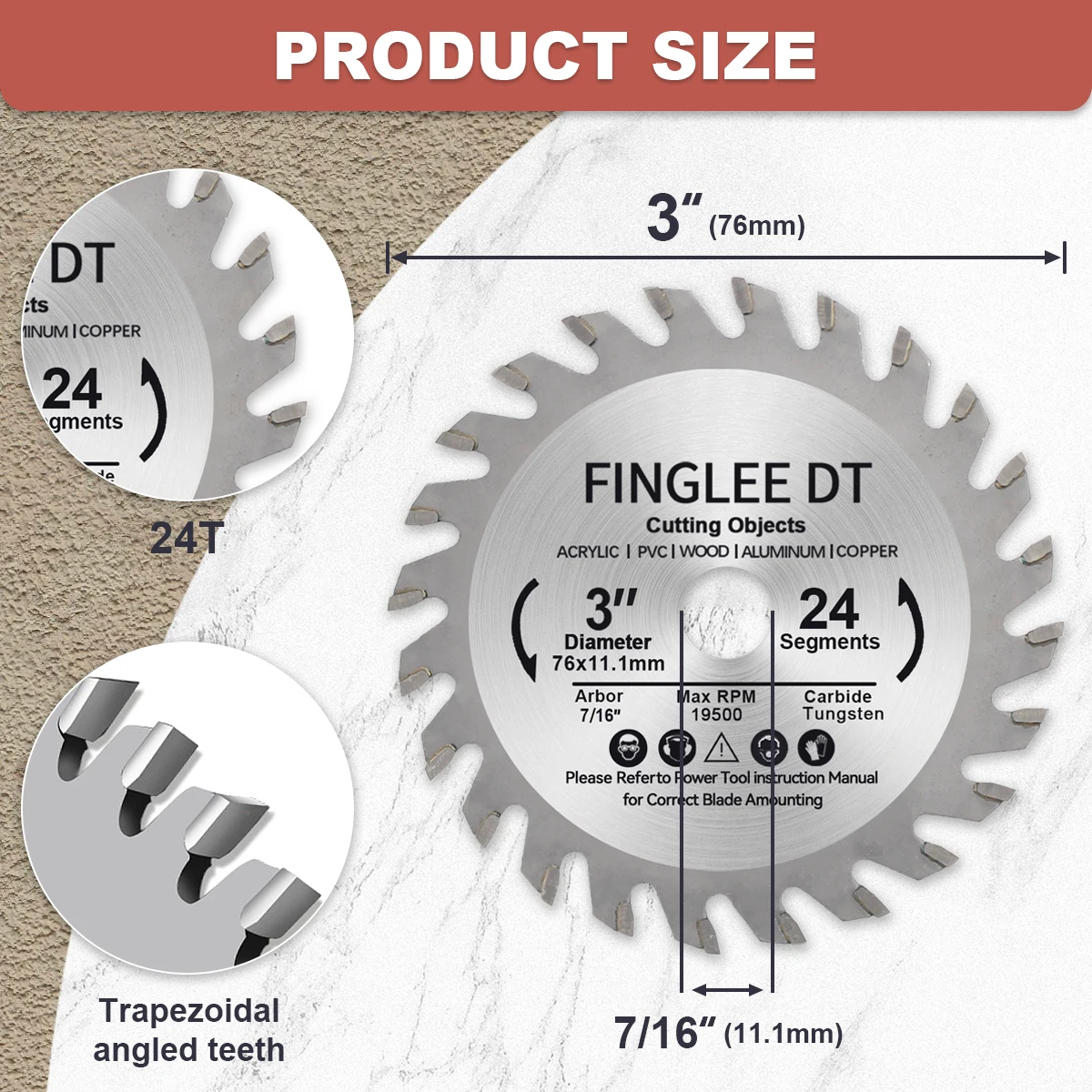 76mm 3in 24T/36T inner 11.1mm TCT Woodworking Mini Circular Saw Blade Acrylic Plastic Cutting Disc General Purpose for Wood