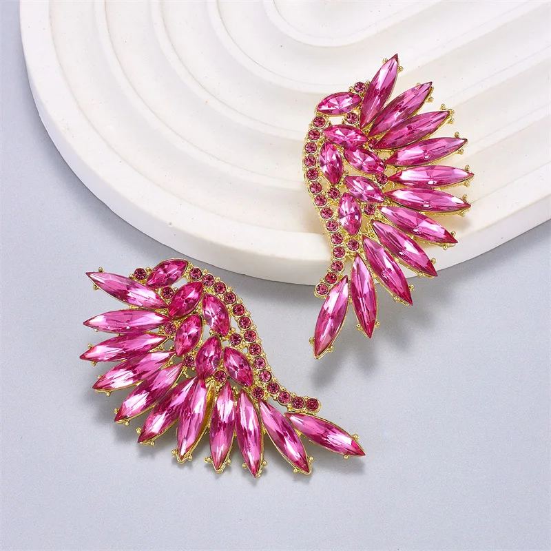 Lnlaid Colorful Rhinestone Left And Right Symmetrical Angel Wings Earrings European and American Style Fashion Earrings