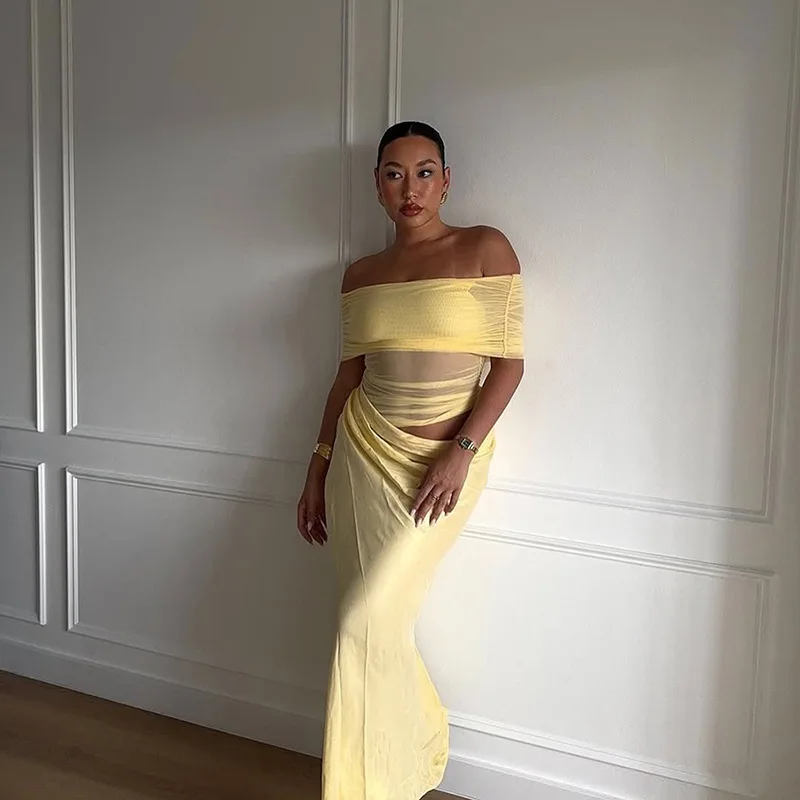 Elegant Chic Off Shoulder Pleated Dress Women‘s Sexy Sleeveless Hollow Out Backless Maxi Dress 2025 Summer Fashion Party Evening