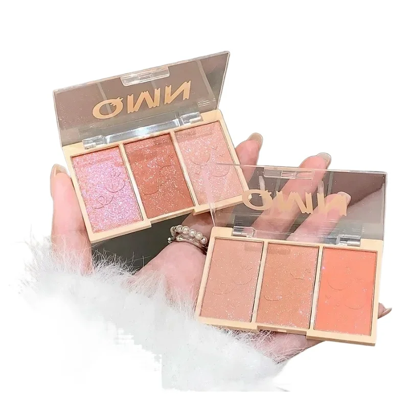 

3-color powder blusher coral pink purple powder blusher facial makeup palette gloss contour shadow facial rouge