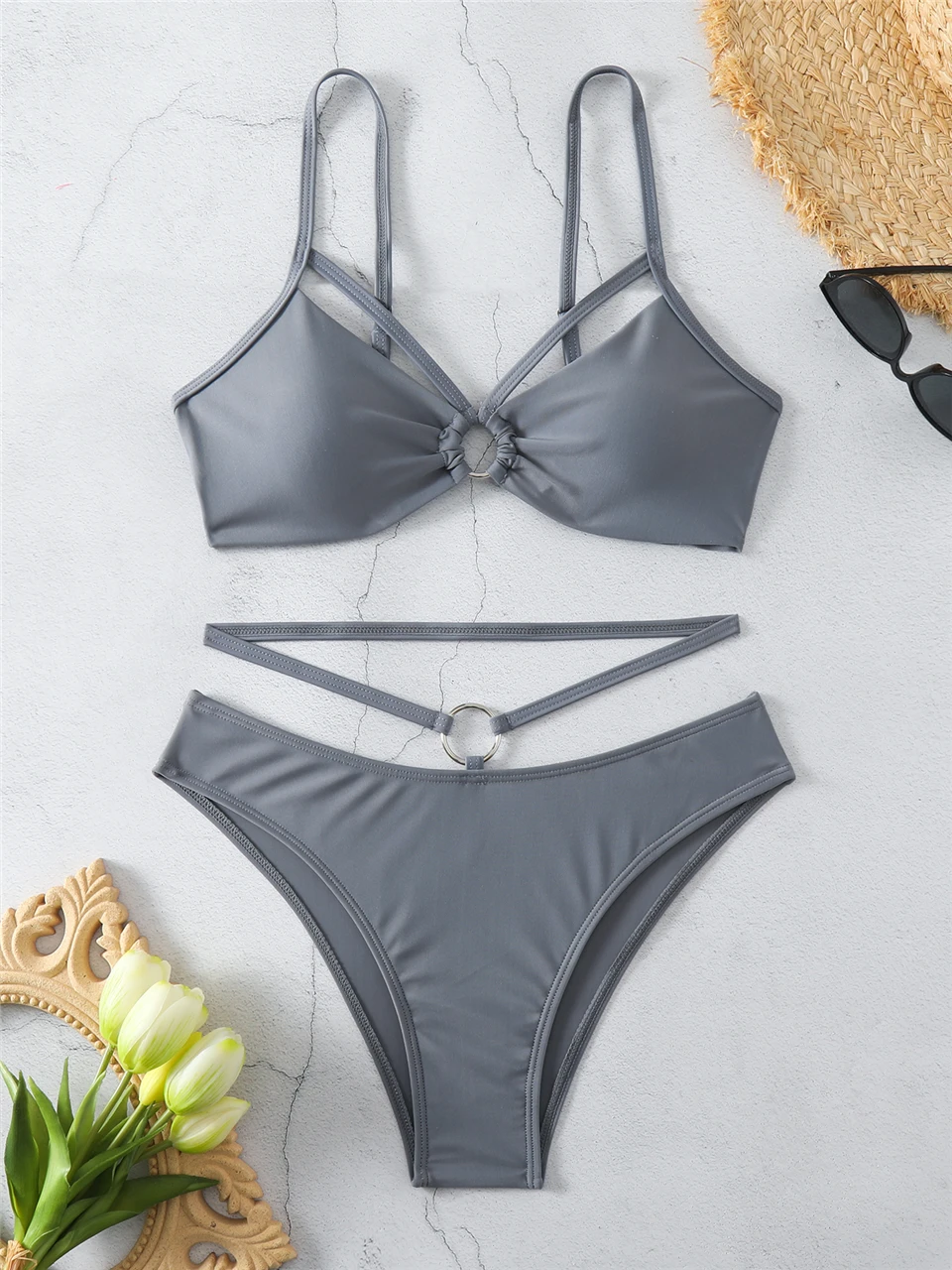 Ring Link Bikini 2024 Women Shoulder Strap Swimwear Lady Sexy Solid Swimsuit Summer Beachwear Lady Bathers Bathing Swimming Suit