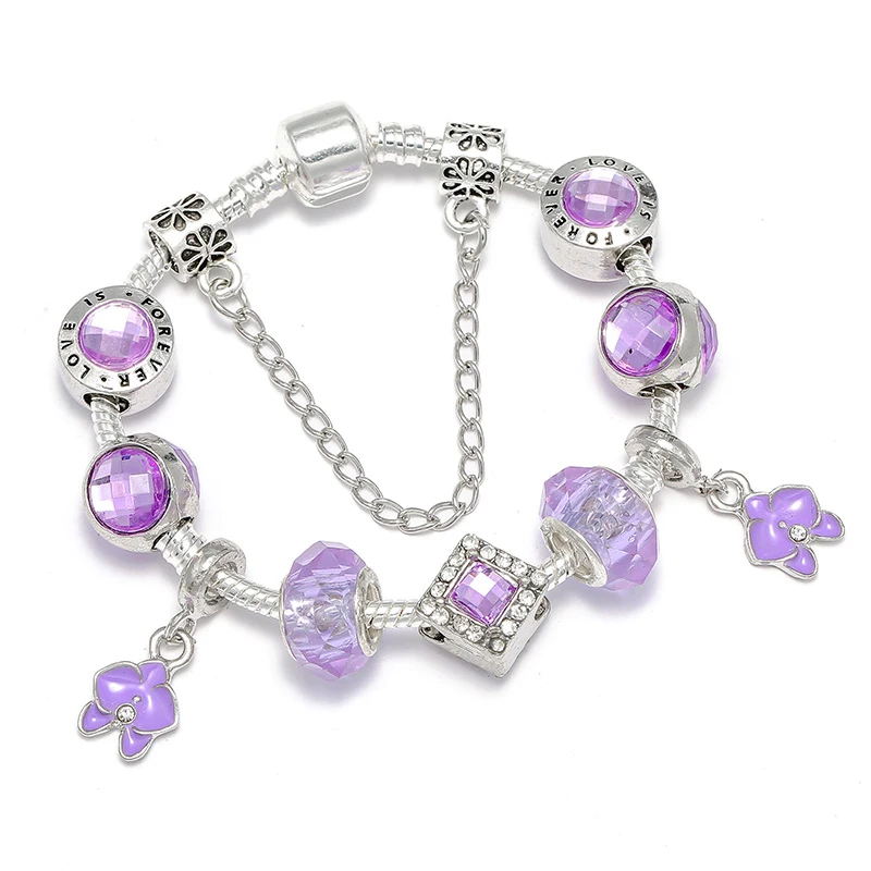 15 Style Pan Charms Bracelets For Women DIY Purple Crystal Charms Beads Unicorn Flower Pendant Fashion Jewelry Dropshipping