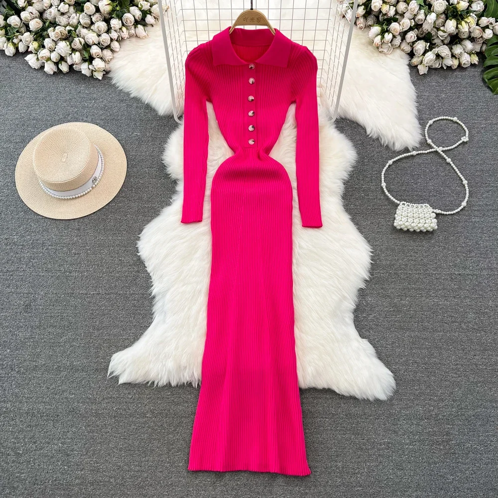 فساتين نسائية محبوكة بياقة بولو للخريف والشتاء 2024 فستان كوري جديد سادة بأكمام طويلة أنيق فستان ملفوف للسيدات