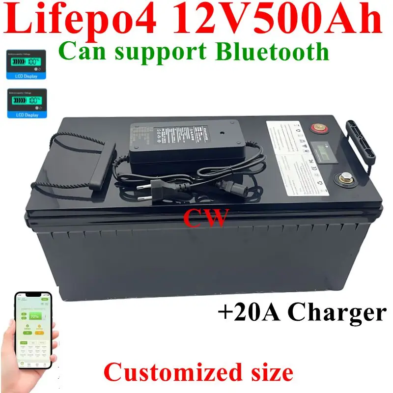 CW  waterproof 12V 500AH Lifepo4 battery lithium bluetooth BMS APP 4S 12.8V 500Ah for golf cart Solar Storage boat +20A charger.