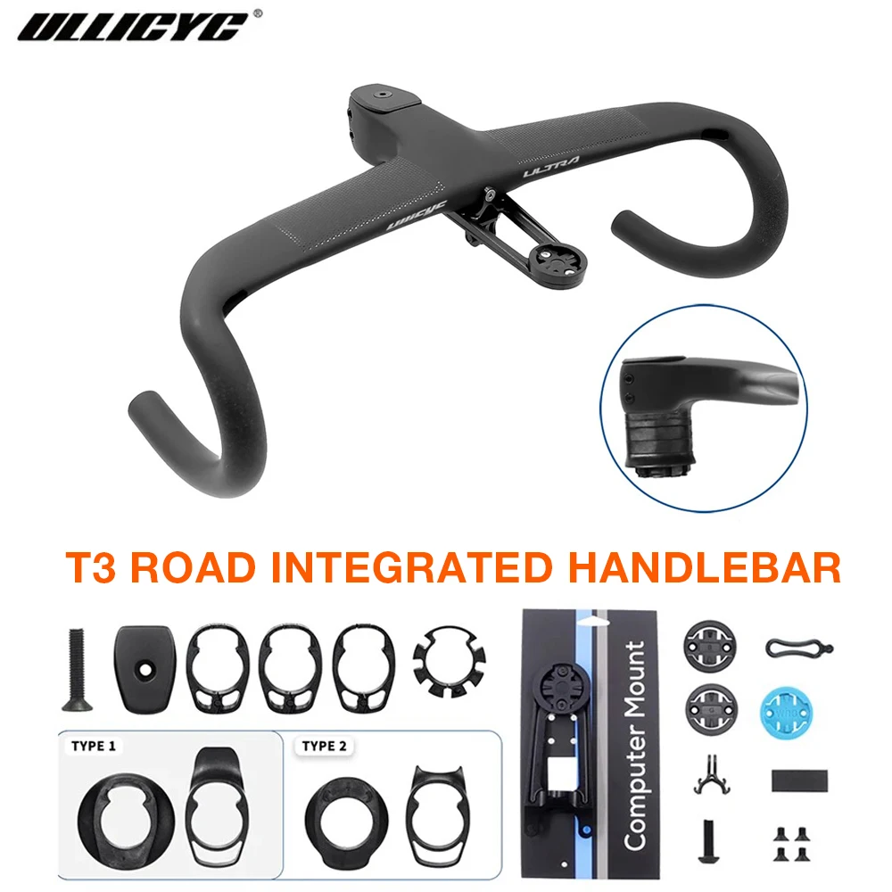 

Ullicyc T3 Full Internal Cable Routing Road Bicycle Cockpit Carbon Integrated Handlebar 360-440mm Di2 With Bike Computer Holder
