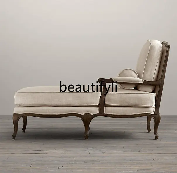 

American Style Solid Wood Country Chaise Lounge Classical Linen Rest Chair Vintage Upholstered Distressed Solid Wood Recliner
