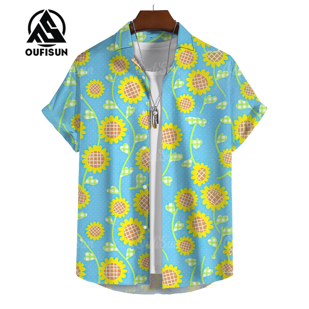 Sunflower Floral Print Shirt Men\'s Casual Short Sleeve Shirt Summer Hawaii Beach Vacation Men\'s Shirt Oversized Tops Size S-5XL