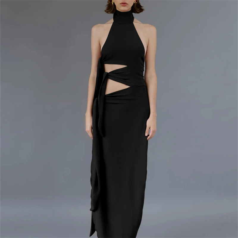 OMSJ Nuovo Asimmetrico Sexy Ritaglio Maxi Vestito da Donna Halter O Collo Senza Maniche Aperto Indietro Con Spalline Split Abiti Club Party Abbigliamento